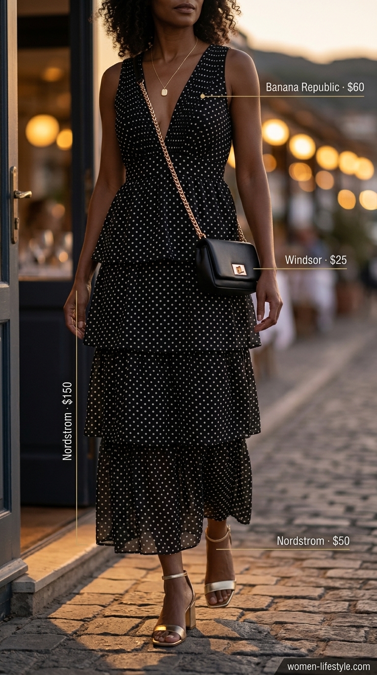 Romantic Riviera evening outfit with a black and white polka dot maxi dress, gold heeled sandals, and shoulder bag.