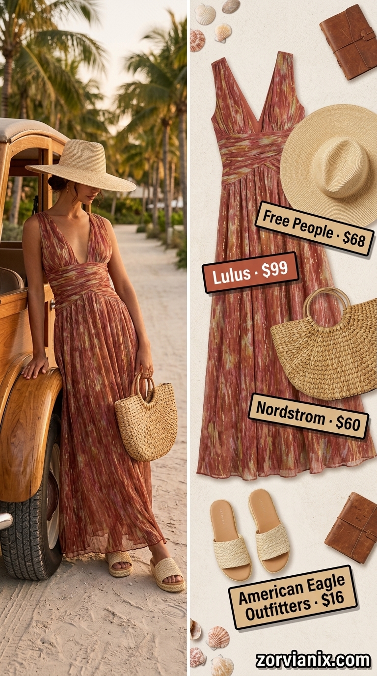 Boho beachside bliss outfit: terracotta maxi dress, straw hat, layered necklaces, raffia slides. Summer vacation resort outfits for women 2026.