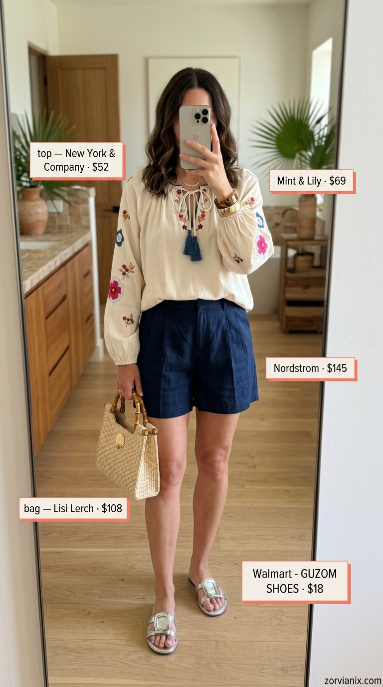 Chic seaside stroll outfit: navy shorts, embroidered peasant blouse, straw clutch, silver sandals. Summer vacation resort outfits for women 2026.