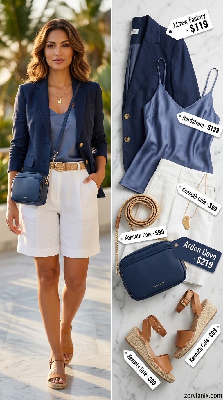 Refined Resort Evening outfit for summer vacation resort outfits for women 2026. Navy blazer, white shorts, silk cami, gold sandals.