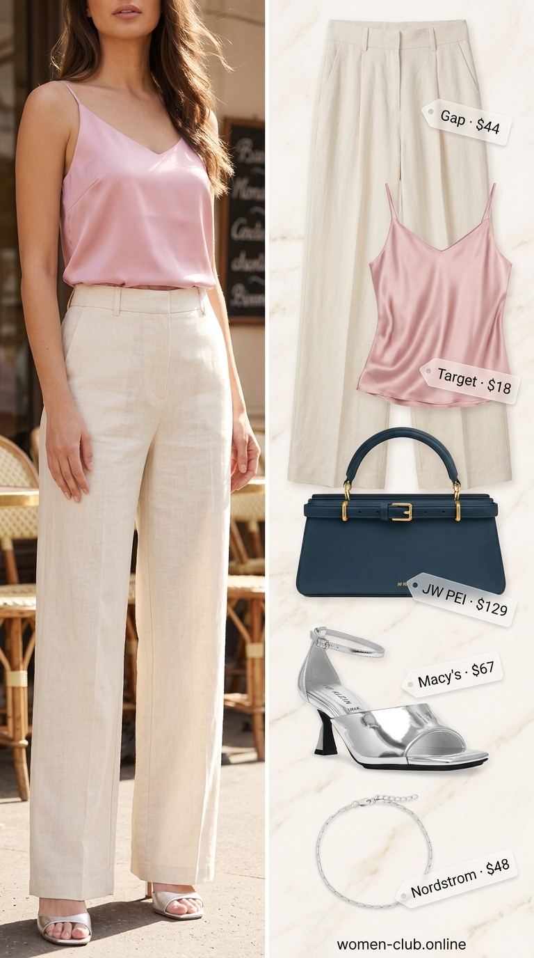 A sophisticated "Polished Power Brunch" summer must have outfit for women, with navy wide-leg trousers, a blush pink satin camisole, silver heeled mule sandals, and a navy mini top-handle bag, perfect for brunch.