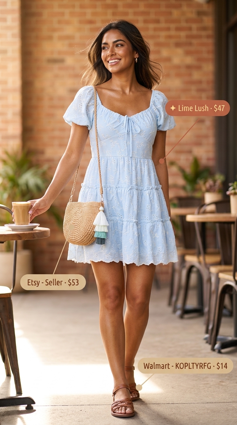 A free-spirited "Boho Beach Day" summer must have outfit for women, featuring a sky blue floral mini dress, cognac braided flat sandals, a round straw crossbody bag, and stacked beaded bracelets, ideal for beach and festivals.