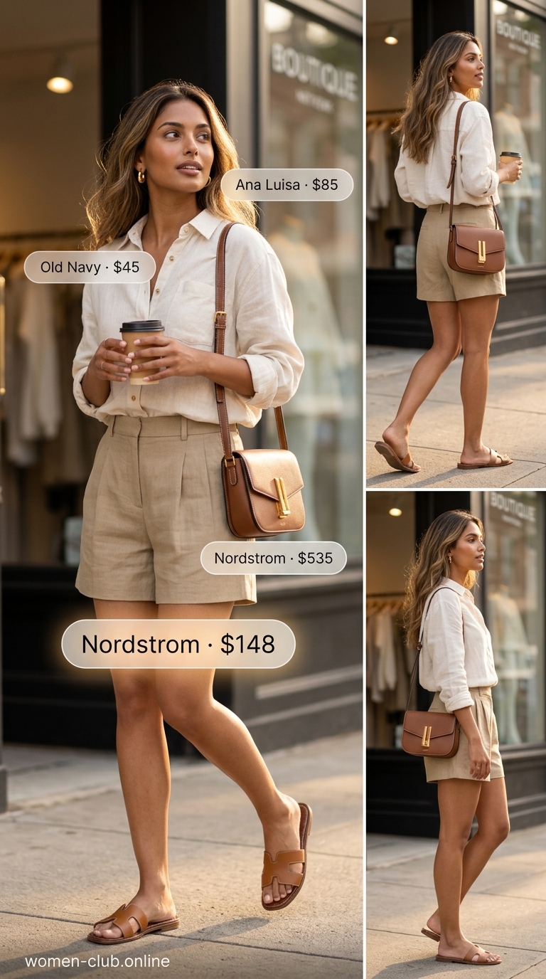 A sophisticated summer must have outfit for women 2026 featuring khaki high-waisted linen shorts, an oversized white button-down shirt, tan slide sandals, a structured crossbody bag, and gold chunky hoop earrings.