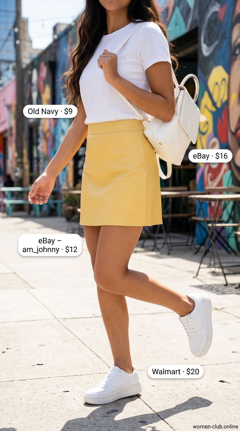 A vibrant "Playful Pop of Color" summer must have outfit for women, showcasing a bright yellow A-line mini skirt, a simple white t-shirt, white platform sneakers, silver hoop earrings, and a white mini backpack, great for festival fun.