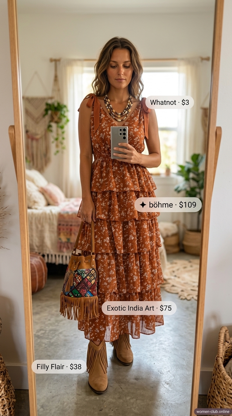 A free-spirited "Boho Festival Spirit" summer must have outfit for women, featuring a rust orange embroidered maxi dress, tan fringed ankle boots, an embroidered bucket bag, and layered beaded necklaces, ideal for music festivals.