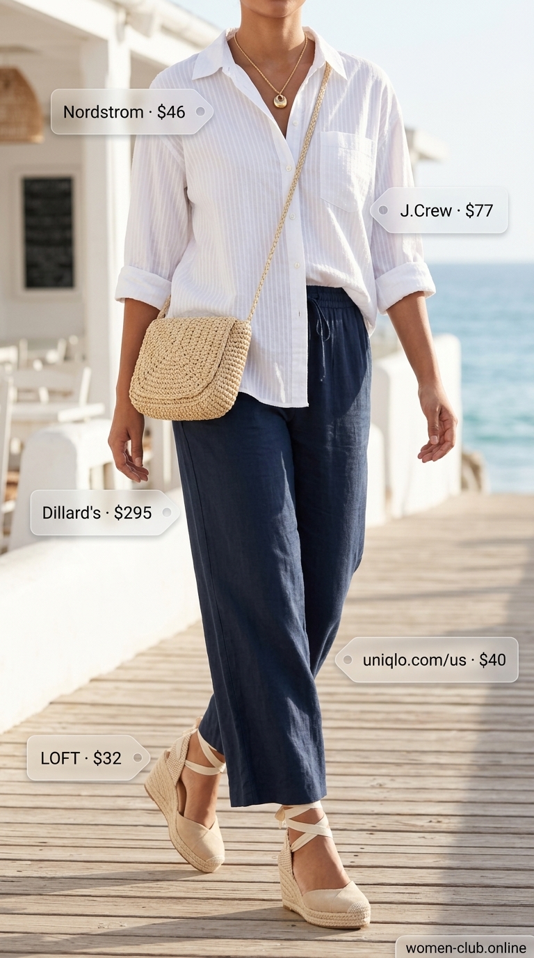 A chic "Riviera Chic Brunch" outfit, a stylish summer must have for women, featuring navy wide-leg linen pants, a white and navy striped button-down, espadrille wedges, a straw crossbody bag, and a gold necklace, perfect for brunch.