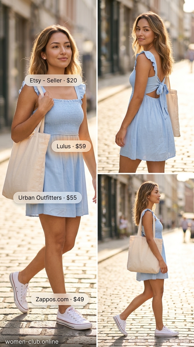 A sweet light blue ruffled mini sundress styled with white canvas sneakers, a tan canvas tote bag, and delicate silver stud earrings, a playful summer must have outfit for women 2026 for a casual day.
