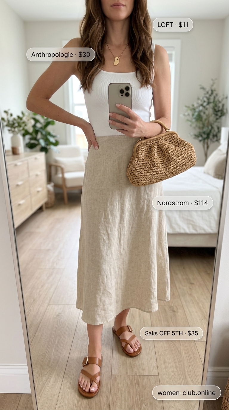 A relaxed "Coastal Linen Dream" ensemble, a stunning summer must have outfit for women, with a natural linen maxi skirt, white ribbed tank, tan leather slide sandals, a woven straw bag, and a gold necklace, ideal for beach vacations.
