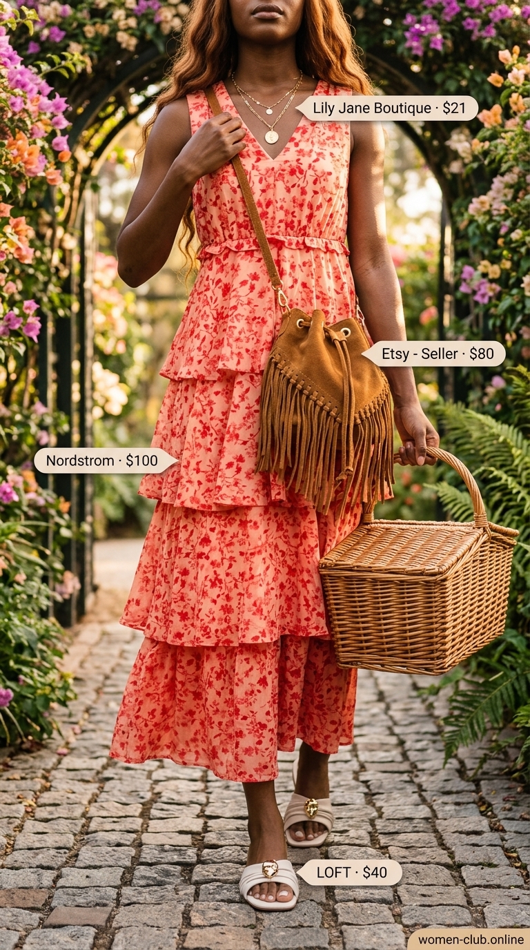 A woman models a bohemian-romantic "Boho Sunset Soiree" outfit, perfect as a summer must have outfit for women, featuring a coral floral maxi dress, cream flat sandals, a tan fringed crossbody bag, and gold layered necklaces for an evening event.