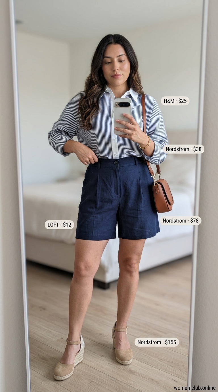 A sophisticated summer must have outfit for women 2026 featuring navy tailored Bermuda shorts, an oversized white and navy striped shirt, espadrille wedges, a brown crossbody bag, and a gold bangle for a day trip.