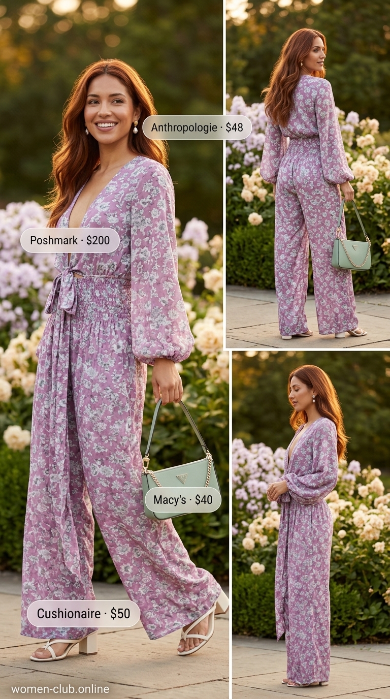 An elegant lavender floral print wide-leg jumpsuit, paired with cream block heel sandals, delicate pearl drop earrings, and a sage green shoulder bag, a joyful summer must have outfit for women 2026 for a garden party.
