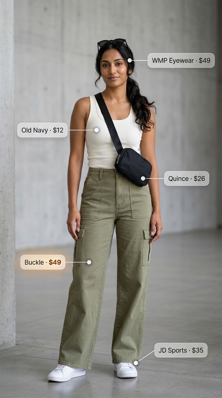 An urban "Urban Summer Explorer" summer must have outfit for women, featuring khaki green cargo pants, a black racerback tank, white sneakers, a black belt bag, and black sunglasses, practical for city exploration.