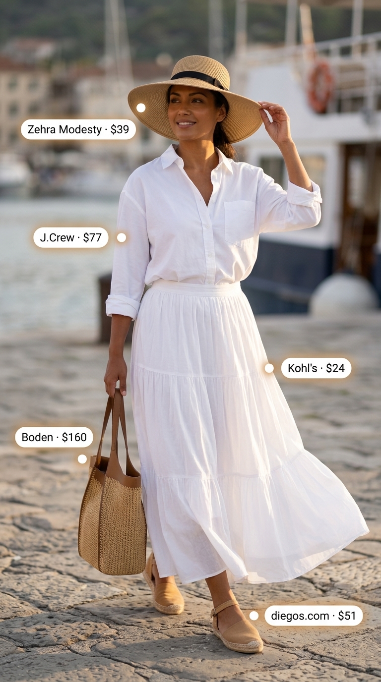 An elegant "Coastal Riviera Escape" outfit, a key summer must have for women, featuring a navy tiered maxi skirt, oversized white button-down, espadrille sandals, a straw tote, and a wide-brim hat, perfect for resort wear.