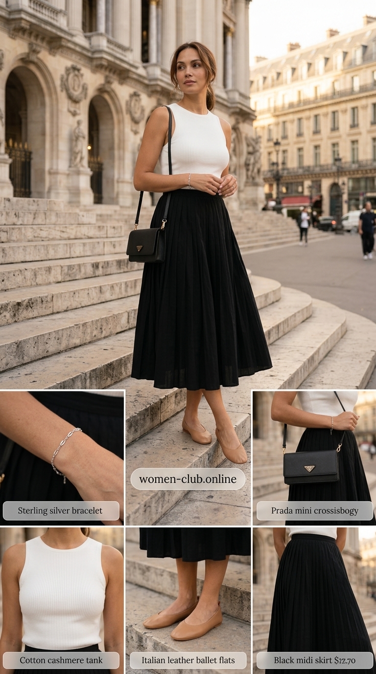 An elegant "Effortless Parisian Escape" summer must have outfit for women, featuring a black ribbed tank, crisp white A-line midi skirt, black leather ballet flats, and a structured black shoulder bag, suitable for chic daytime events.