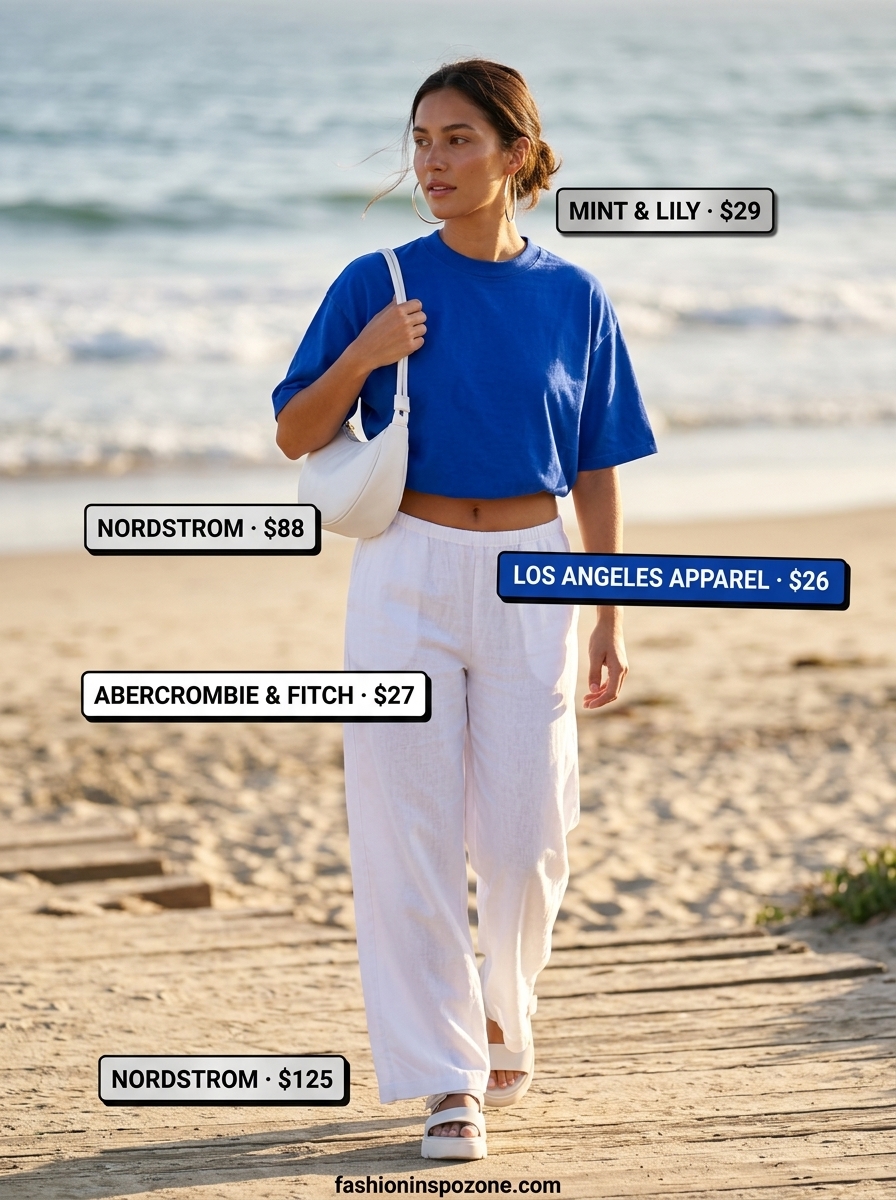Oversized summer t-shirt outfit for women 2026: Cobalt blue tee, white linen pants, platform slides.