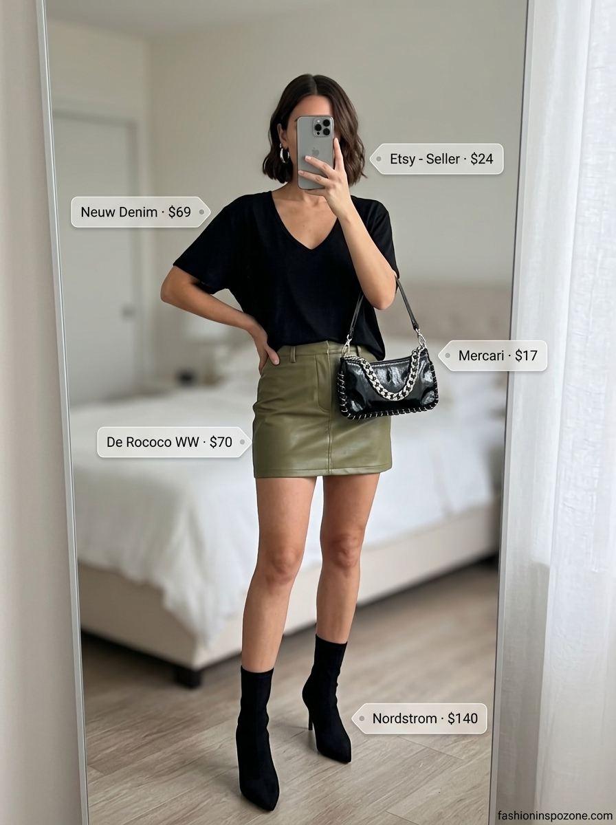Oversized summer t-shirt outfit for women 2026: Black tee, olive faux leather skirt, heeled boots.