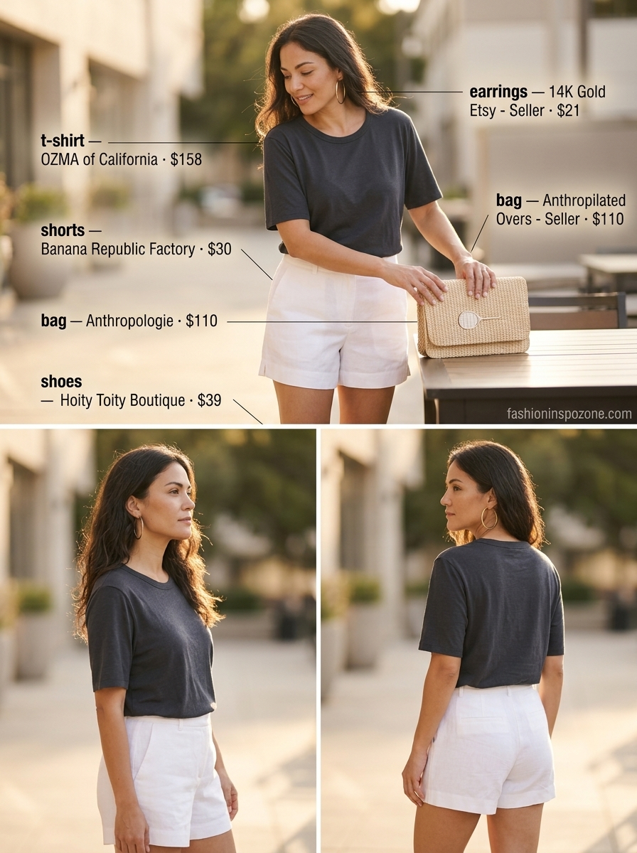 Oversized summer t-shirt outfit for women 2026: Cobalt blue silk tee, white linen shorts, gold sandals.