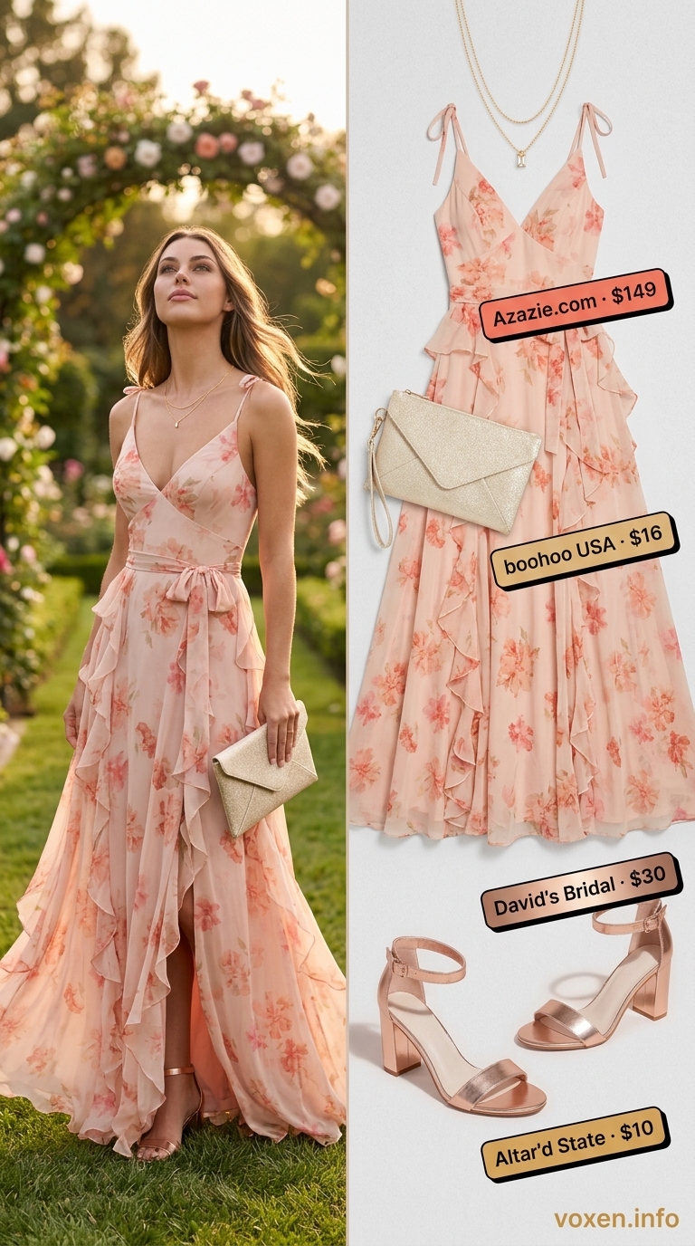 Coral and blush pink floral maxi dress, gold jewelry, rose gold sandals for summer wedding guest outfits 2026.