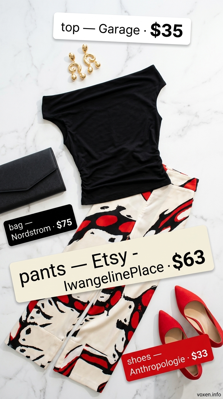 Artful Celebration: Abstract print trousers & black top for summer wedding guest outfits for women 2026. Modern chic.