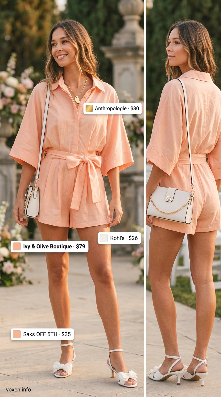 Soft peach linen romper outfit for summer wedding guest outfits for women 2026. Chic daytime wedding attire.