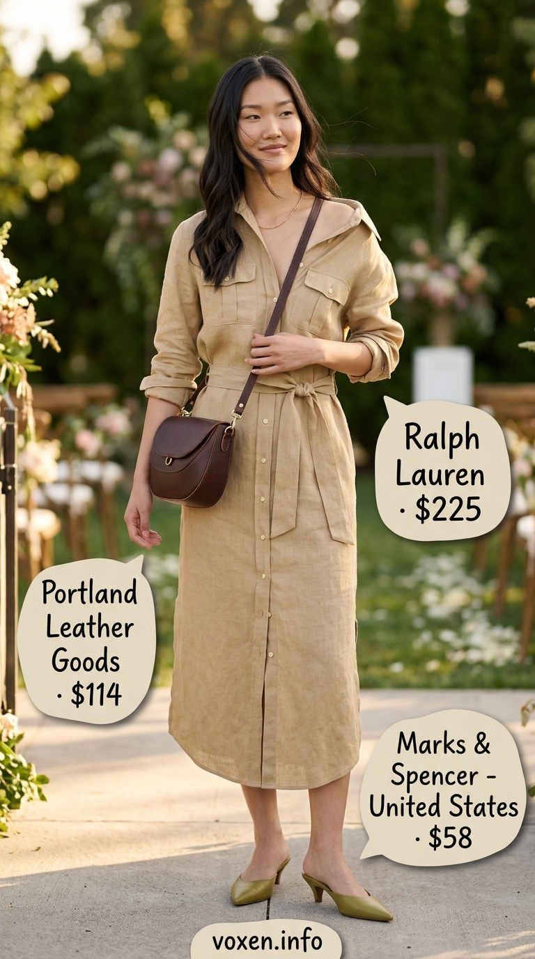 Refined Vineyard Vows: Sand beige linen shirt dress for summer wedding guest outfits for women 2026. Rustic chic.