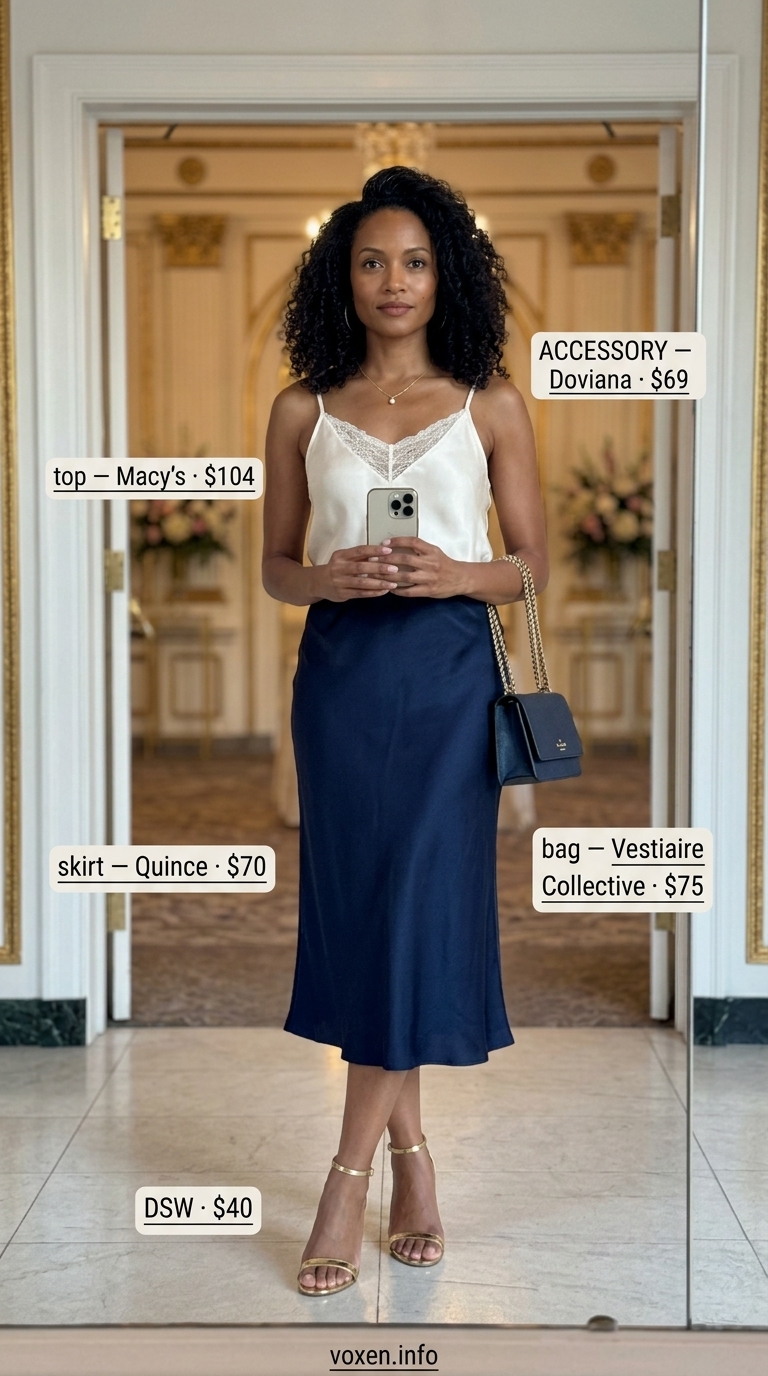 Navy silk slip skirt, ivory camisole, gold sandals for summer wedding guest outfits 2026.