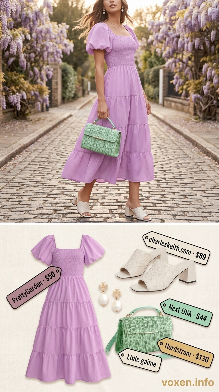 Whimsical Lakeside Celebration: Lavender midi dress & mint green bag for summer wedding guest outfits for women 2026.