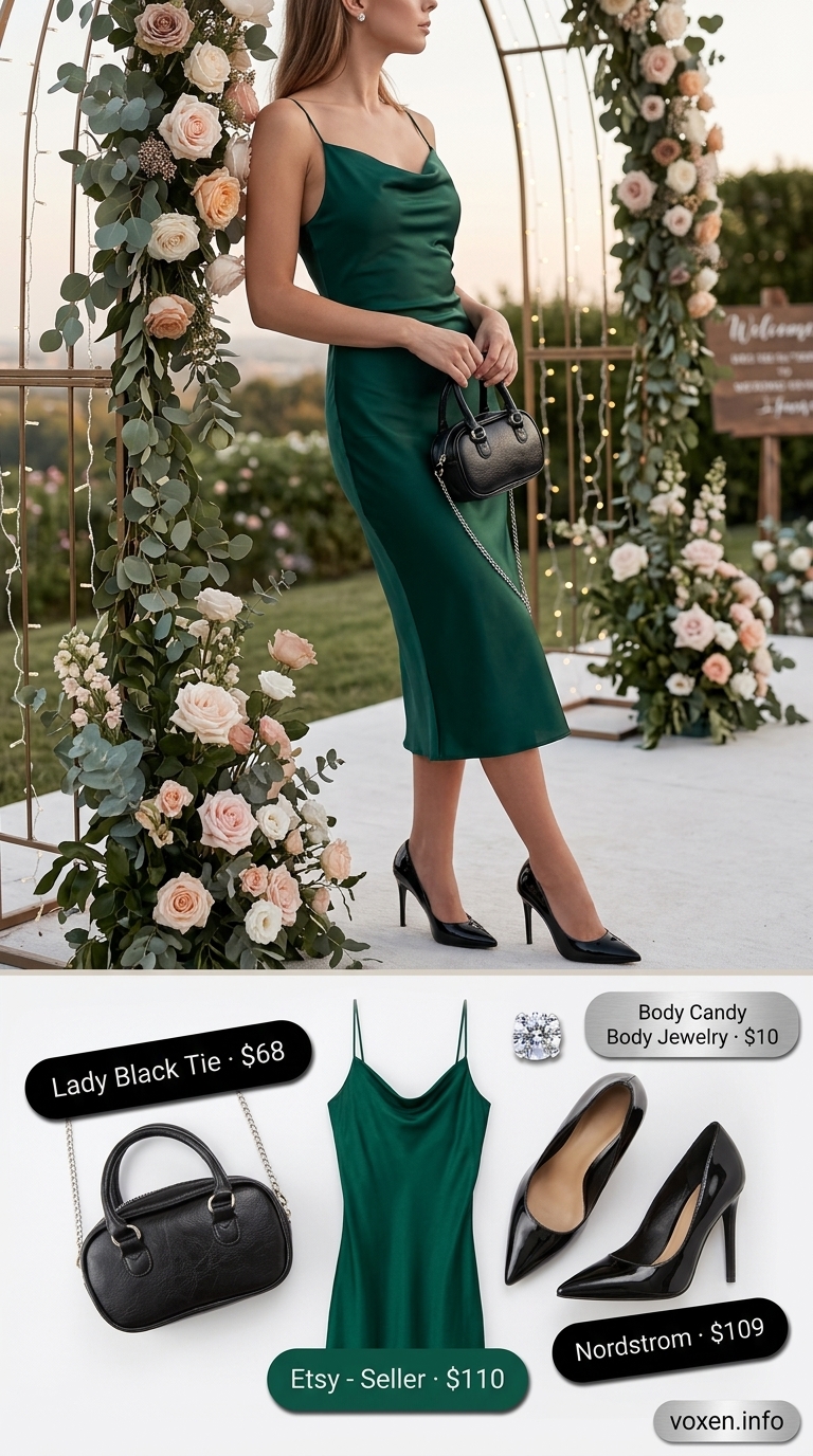 Emerald green slip dress, black heels, silver earrings for summer wedding guest outfits 2026.