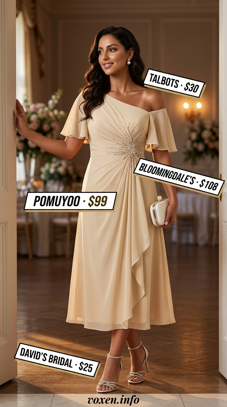 Champagne gold pleated dress, cream heels, pearl clutch for summer wedding guest outfits 2026.