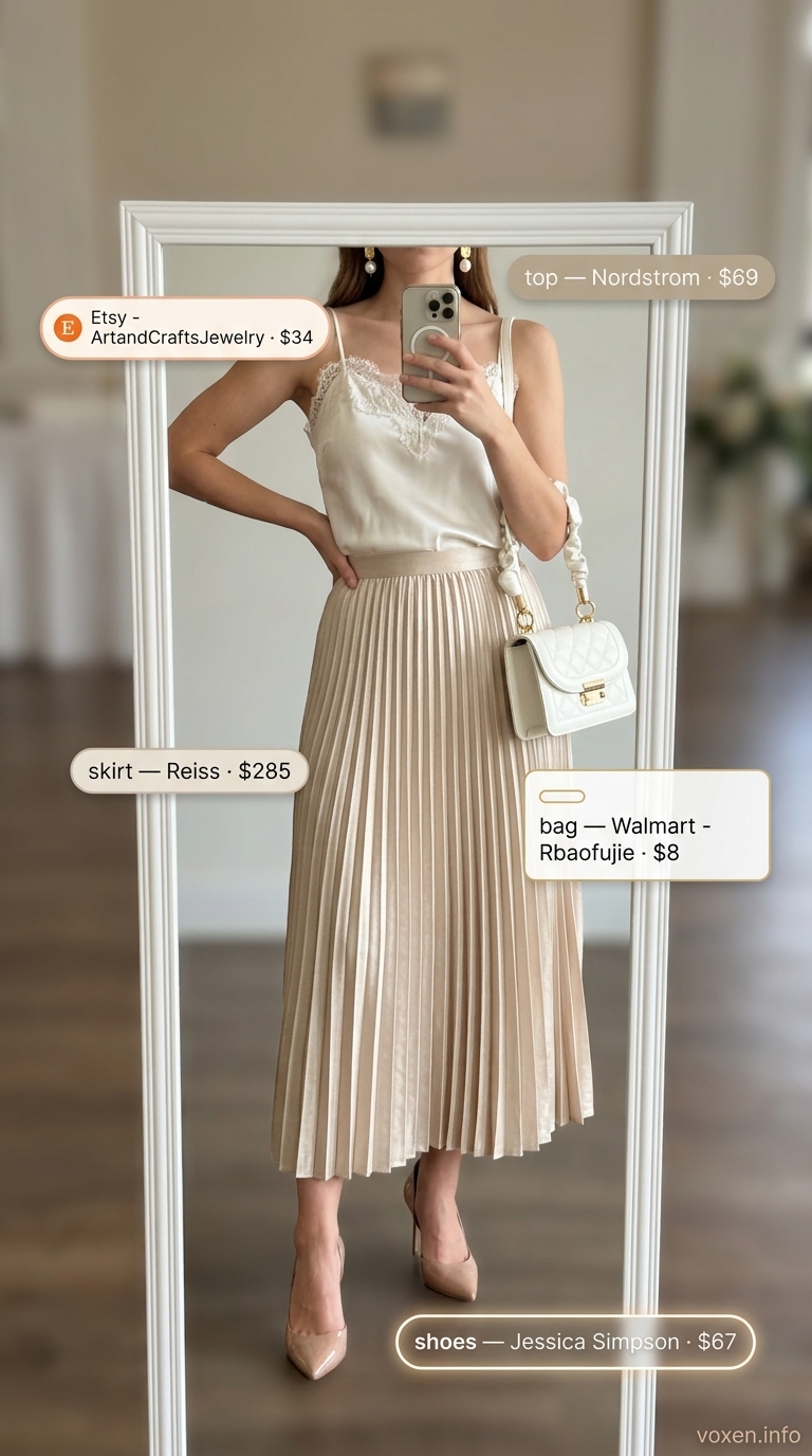Champagne gold satin midi skirt outfit for summer wedding guest outfits for women 2026. Elegant semi-formal wedding attire.