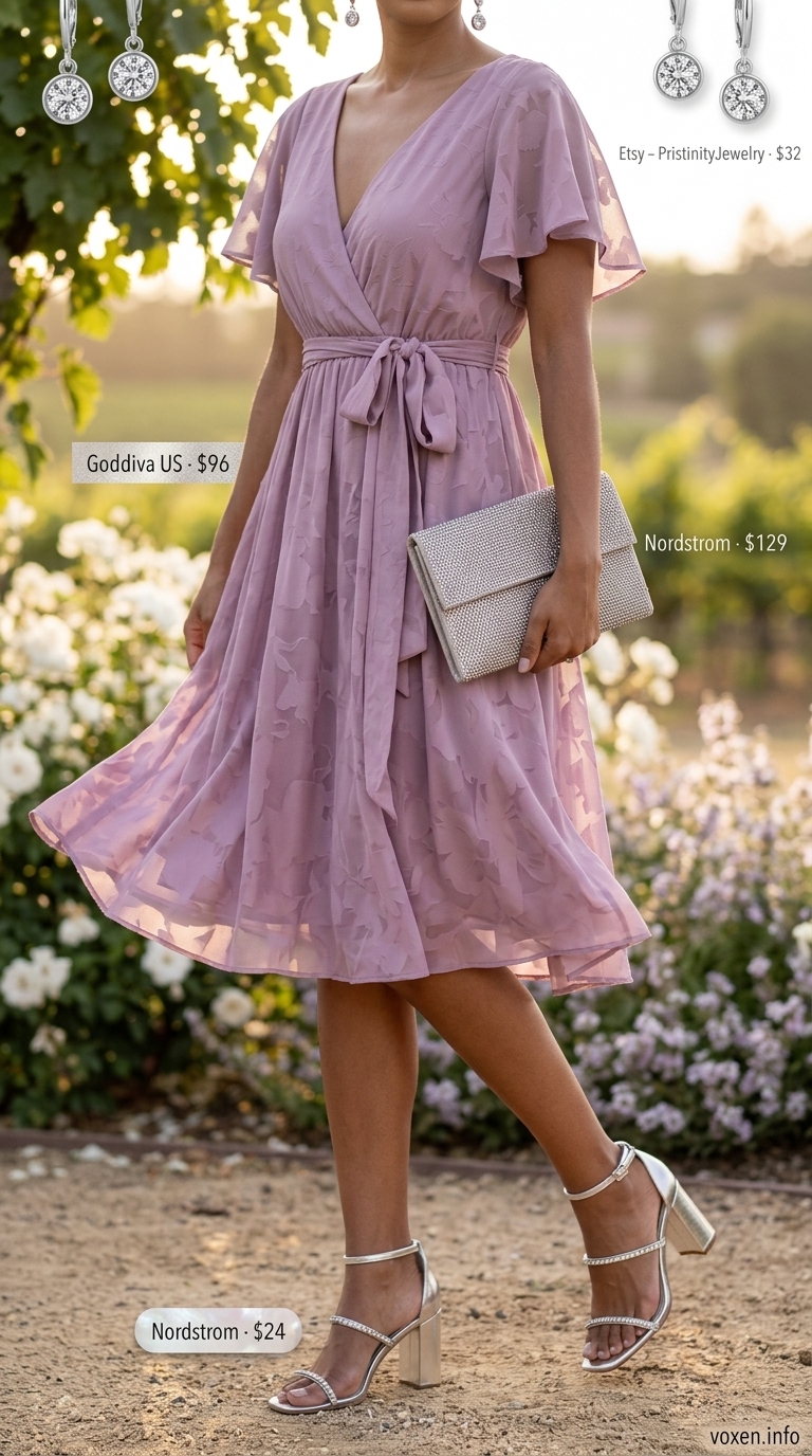 Lavender chiffon midi dress, silver clutch, silver sandals for summer wedding guest outfits 2026.