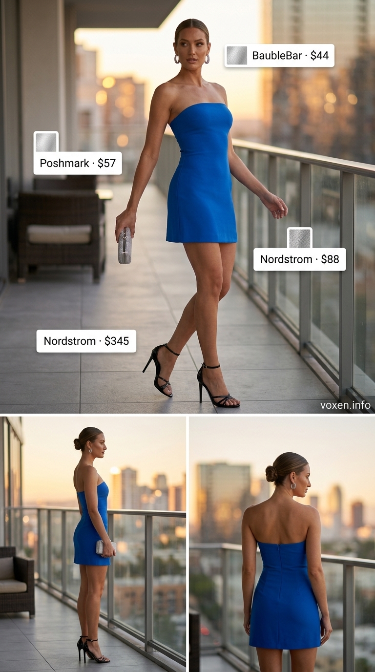Cobalt blue cocktail dress, silver clutch, silver earrings for summer wedding guest outfits 2026.