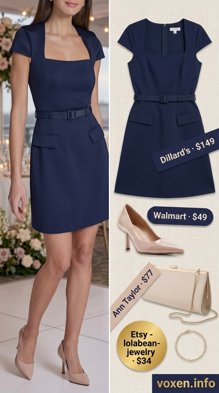 Cobalt blue A-line mini dress, nude pumps, white clutch for summer wedding guest outfits 2026.
