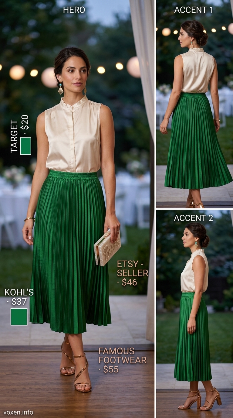 Art Deco Reverie: Deep teal pleated skirt & bronze blouse for summer wedding guest outfits for women 2026. Formal elegance.