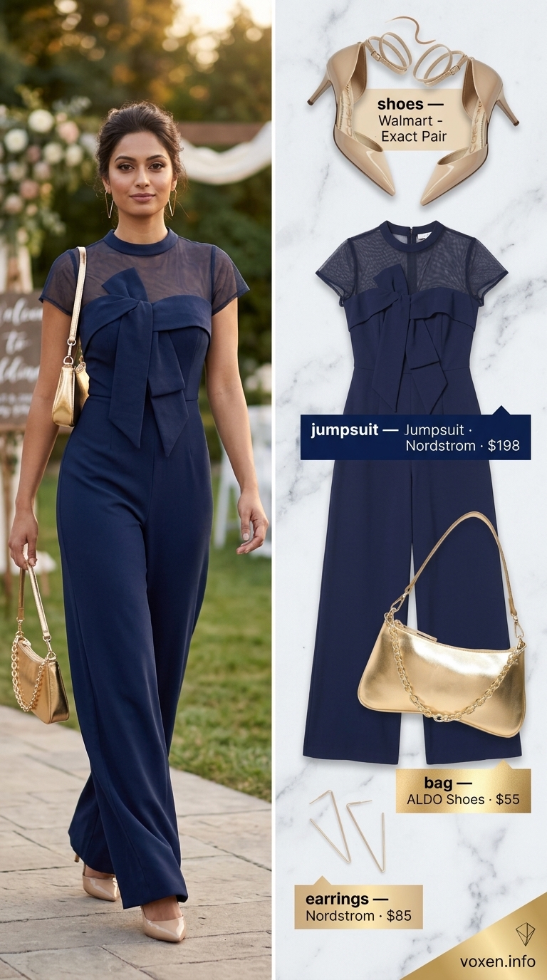 Navy wide-leg jumpsuit outfit for summer wedding guest outfits for women 2026. Sophisticated city wedding attire.