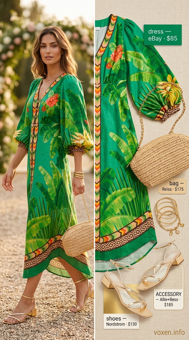 Emerald green tropical print dress, raffia clutch, gold sandals for summer wedding guest outfits 2026.
