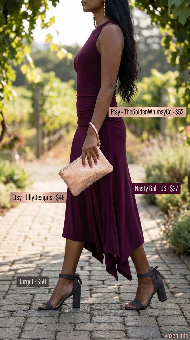 Deep plum midi dress outfit for summer wedding guest outfits for women 2026. Modern vineyard wedding attire.