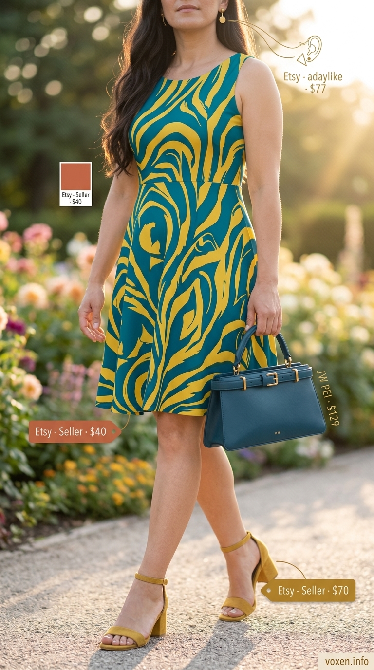 Artistic Riverside Reception: Teal abstract print midi dress for summer wedding guest outfits for women 2026. Unique style.