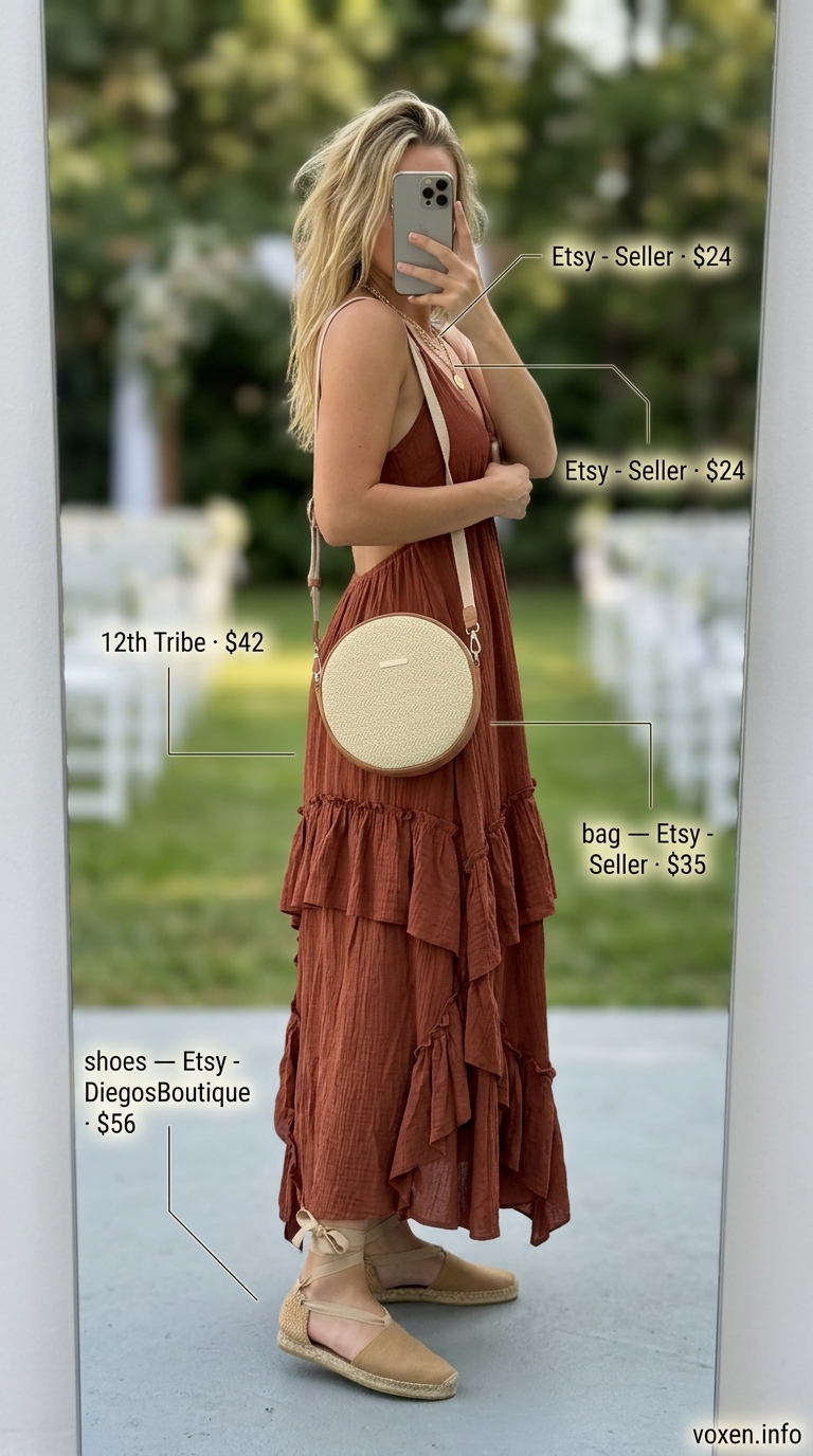 Terracotta maxi dress outfit for summer wedding guest outfits for women 2026. Bohemian beach wedding attire.