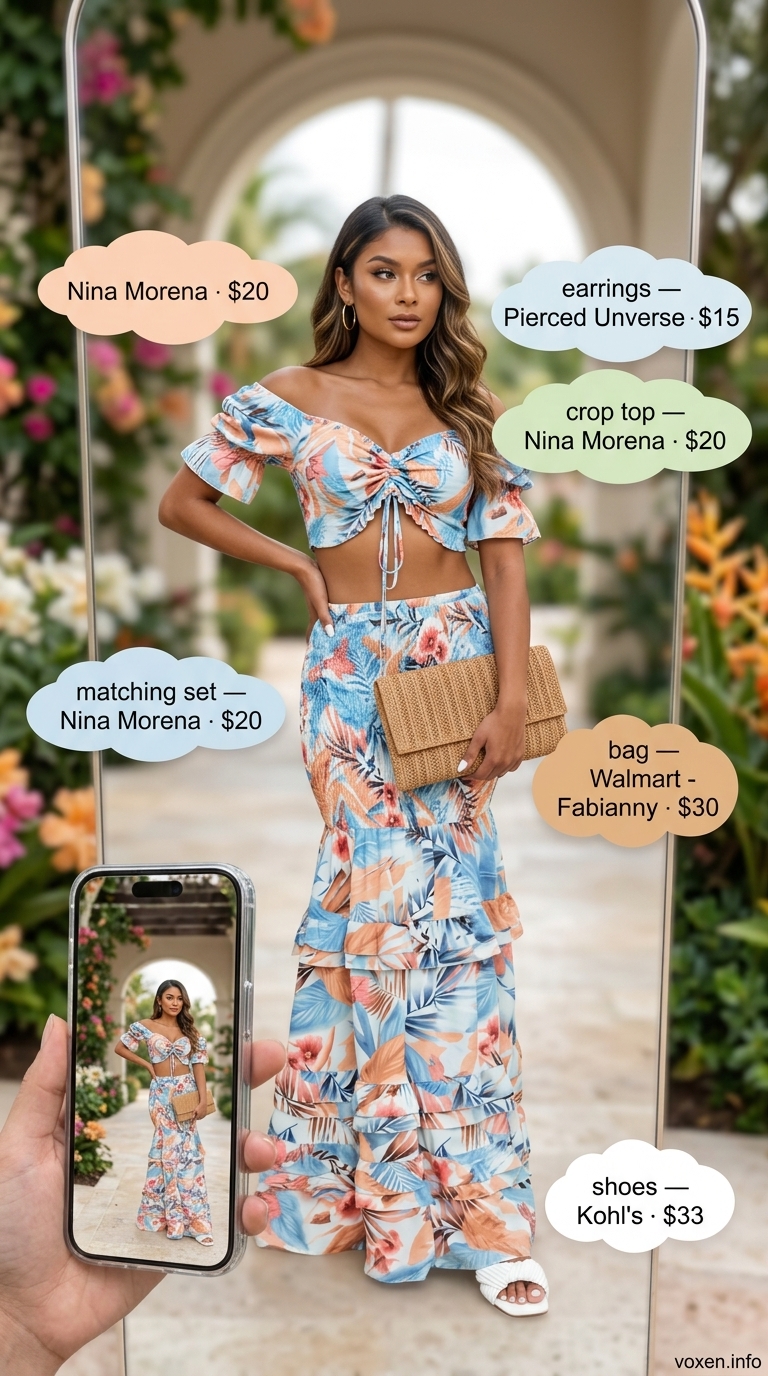 Island Breeze Ensemble: Tropical blue & green matching set for summer wedding guest outfits for women 2026. Resort chic.