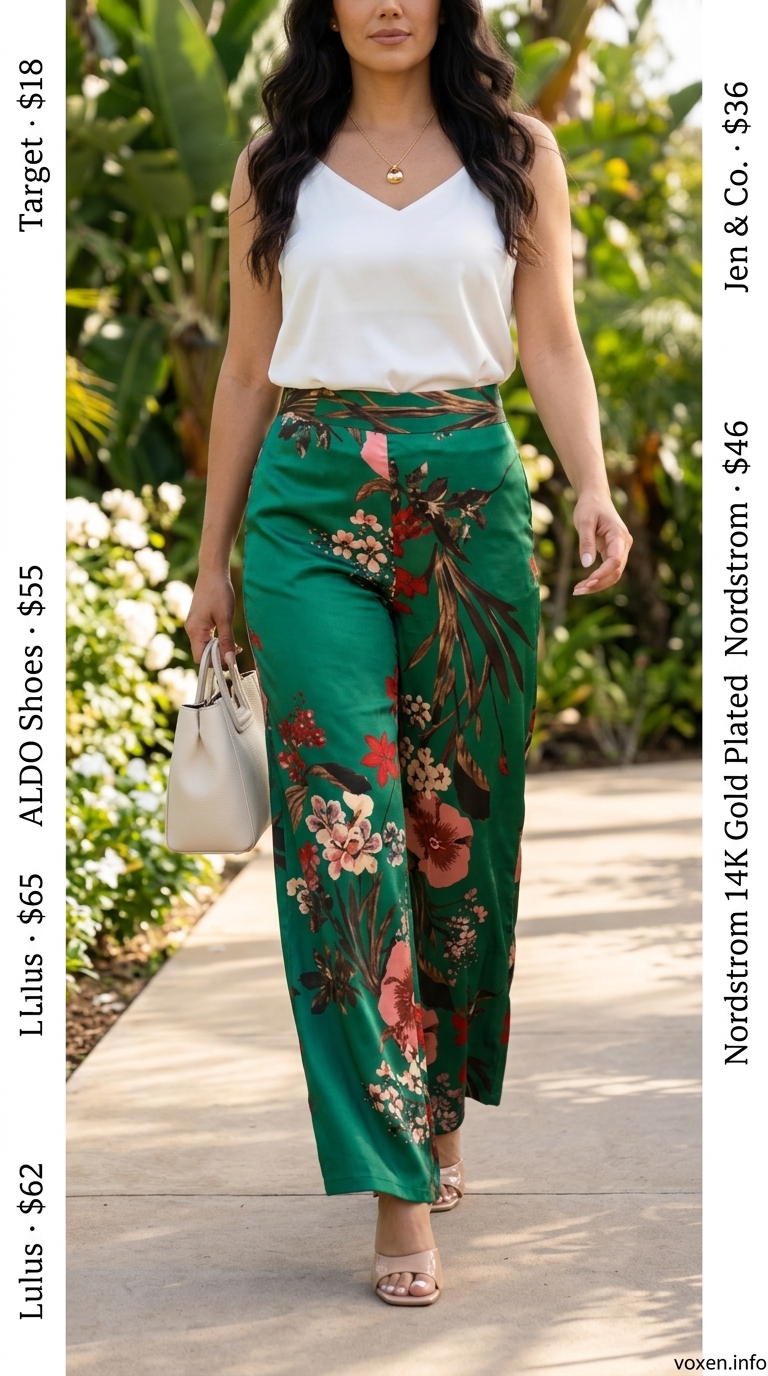 Tropical print pants, white camisole, nude mules for summer wedding guest outfits 2026.