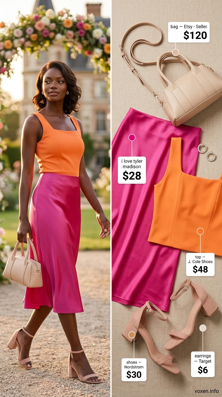 Vibrant Sunset Celebration: Fuchsia skirt & tangerine top for summer wedding guest outfits for women 2026. Festive style.
