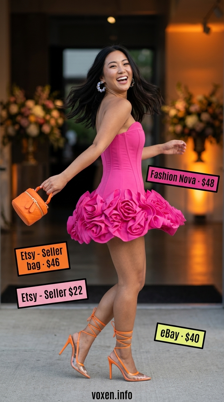 Hot pink mini dress outfit for summer wedding guest outfits for women 2026. Playful modern wedding attire.