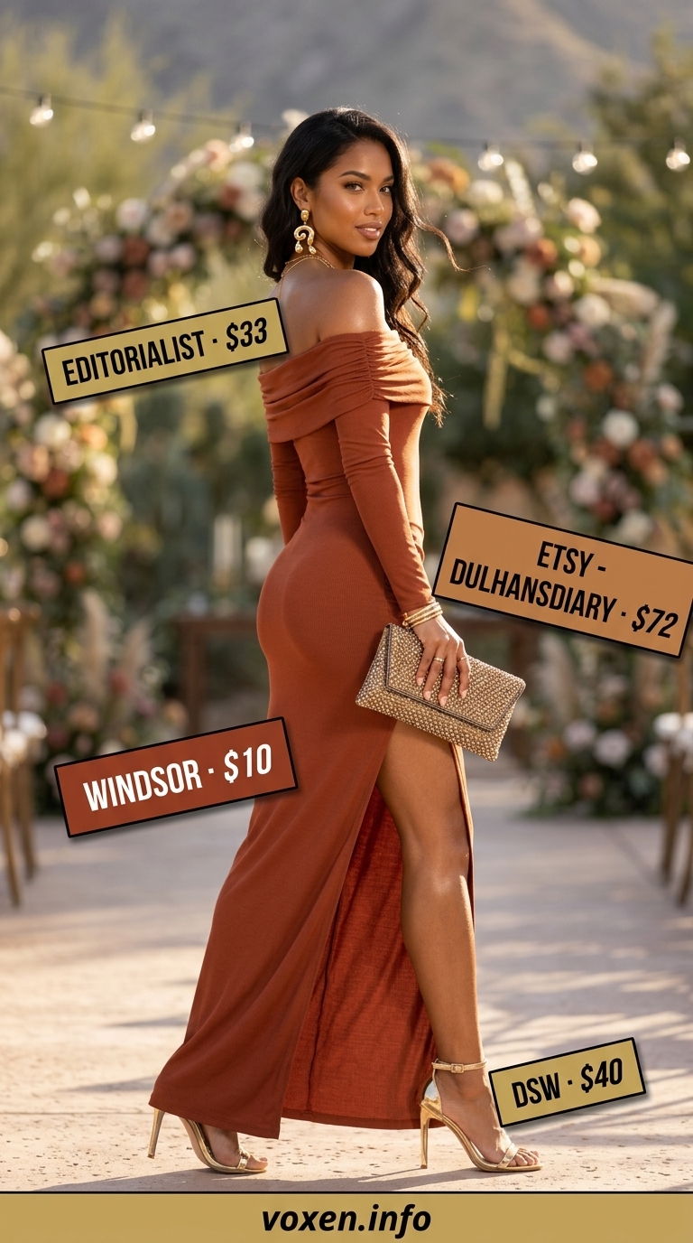 Terracotta maxi dress outfit for summer wedding guest outfits for women 2026. Glamorous desert wedding attire.