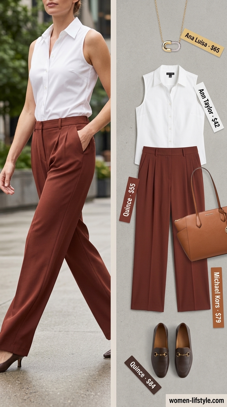 Trendy preppy summer outfits for women 2026: Navy wide-leg trousers, white sleeveless top, cognac loafers, and tan tote for office casual.