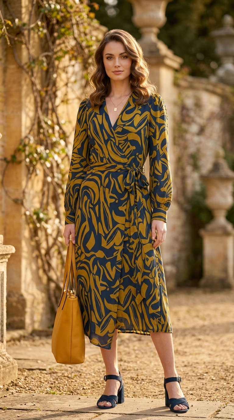 Trendy preppy summer outfits for women 2026: Navy abstract print dress, mustard clutch, and suede sandals for a gallery opening.