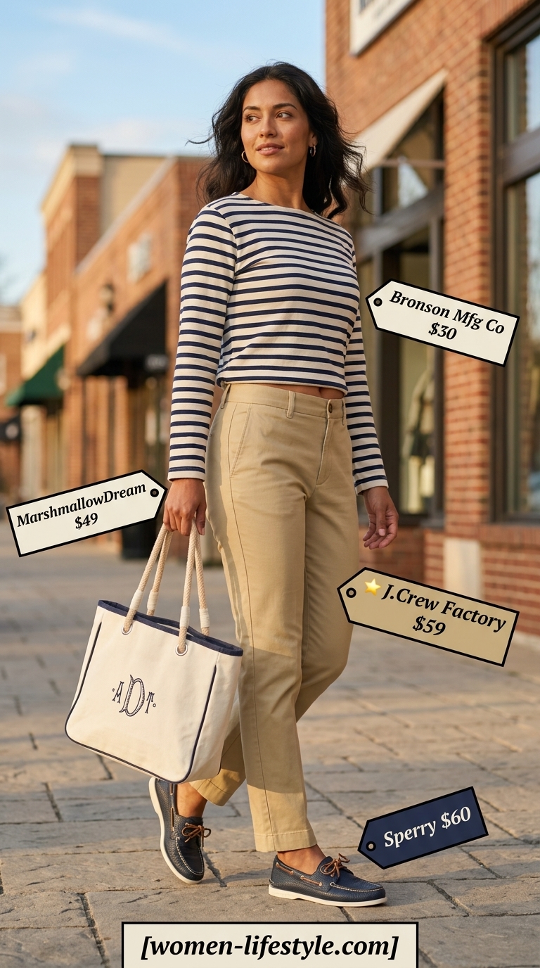 Trendy preppy summer outfits for women 2026: Khaki chinos, navy stripe tee, boat shoes for a coastal weekend.
