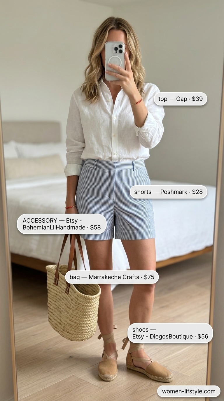 Trendy preppy summer outfits for women 2026: Blue seersucker shorts, white linen shirt, coral bracelet, straw tote for seaside lunch.