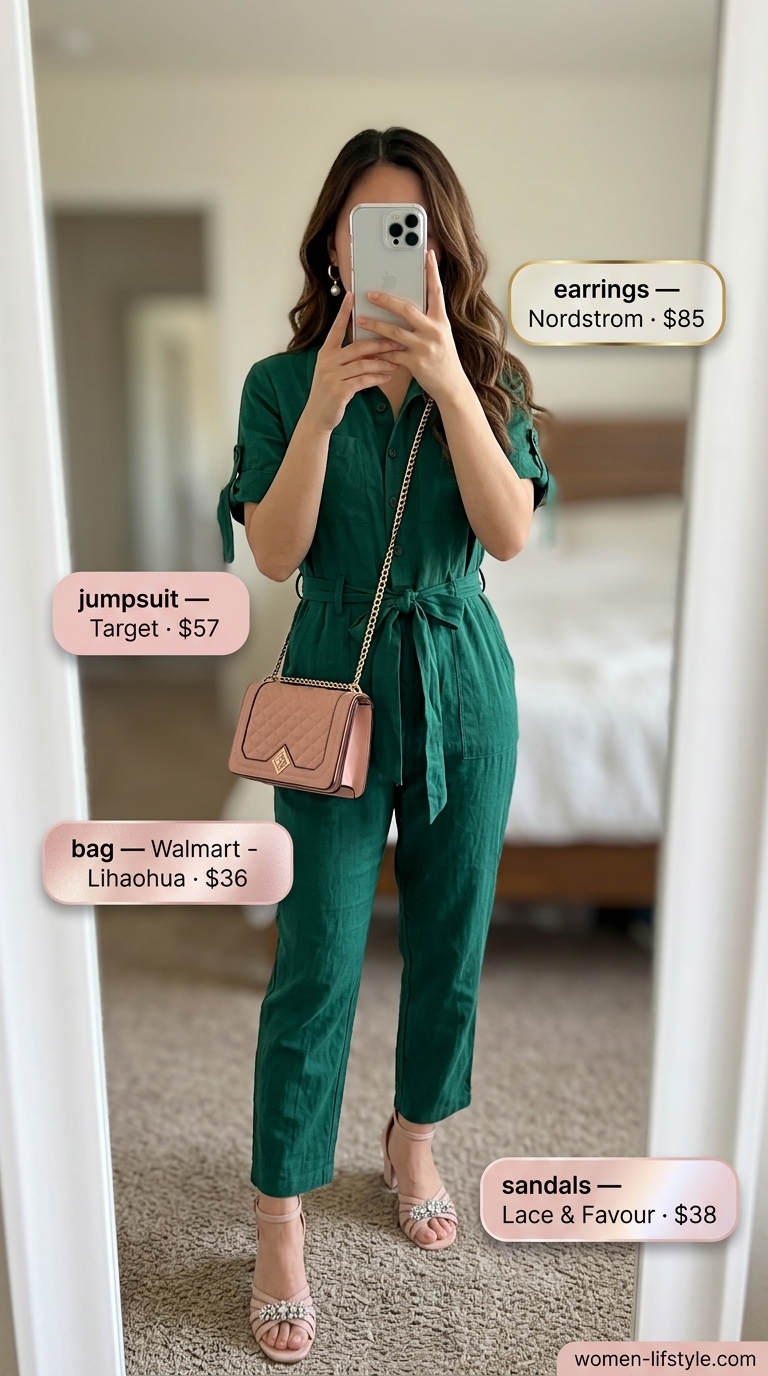 Trendy preppy summer outfits for women 2026: Emerald green romper, blush pink sandals, gold statement earrings for a party.