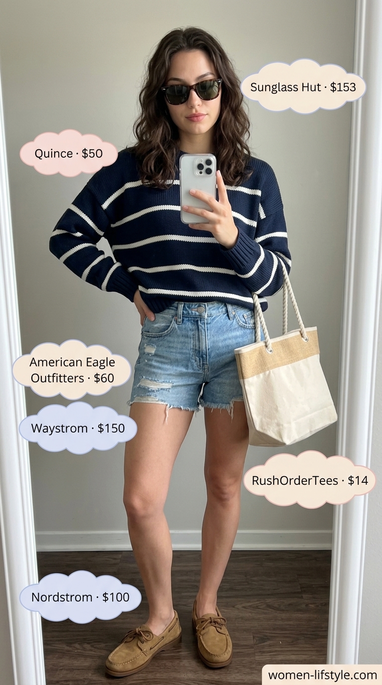 Trendy preppy summer outfits for women 2026: Light wash denim shorts, striped knit sweater, and tan boat shoes for a relaxed weekend look.